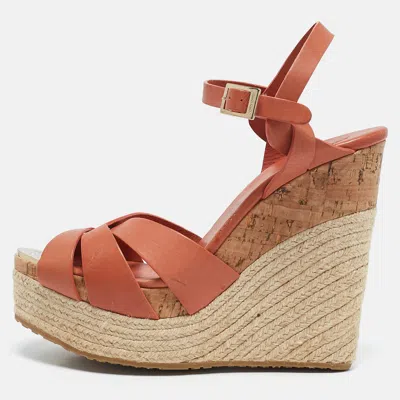 Pre-owned Jimmy Choo Rust Orange Leather Cork Platform Espadrille Wedge Sandals Size 40.5
