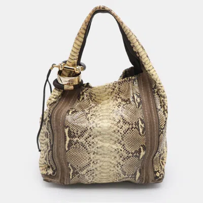 Pre-owned Jimmy Choo Saba Large Yellow/beige Python Leather And Suede Hobo
