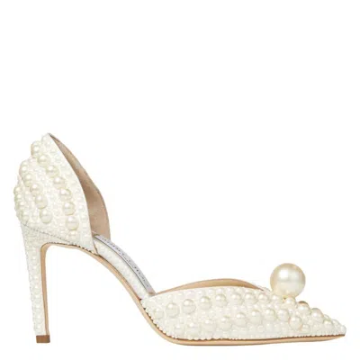 Jimmy Choo Sabine 85 Pearl-embellished Satin Pumps In Neutral