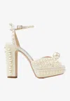 JIMMY CHOO SACARIA 120 PEARL EMBELLISHED SATIN PLATFORM SANDALS,SACARIA/PF 120 WOZ WHITE/WHITE