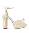 Jimmy Choo Sacaria Faux Pearl-embellished Satin Peep-toe Sandals In White