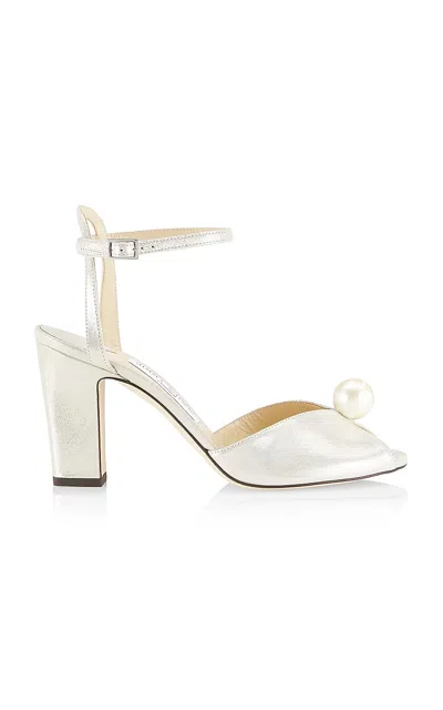 Jimmy Choo Sacaria 85 Shimmer Suede Sandal In White