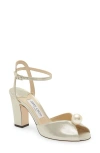 Jimmy Choo Sacaria Imitation Pearl Embellished Ankle Strap Sandal In Champagne/white