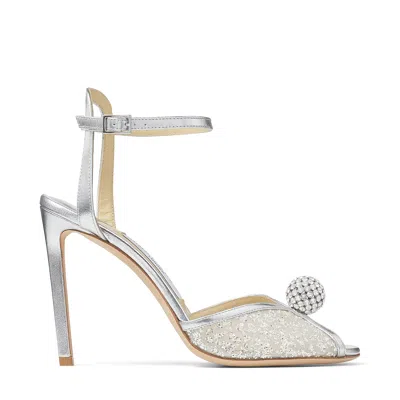 Jimmy Choo Sacora 100mm Glitter Tule Heel Sandals In Neutral