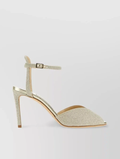 Jimmy Choo Sacora 85 Glitter Sandals With Ankle Strap In Cream