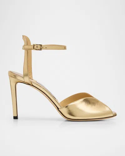 Jimmy Choo Sacora 85 Metallic Leather Peep-toe Sandals In Gold