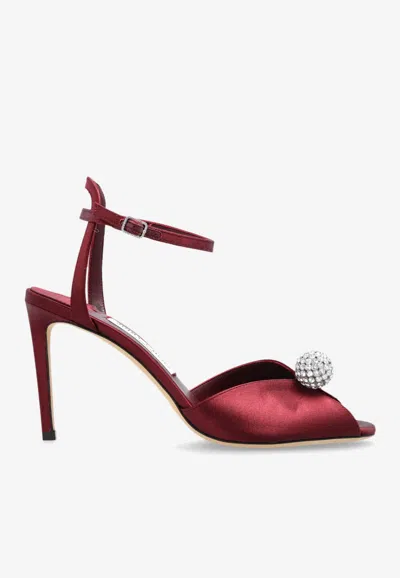 Jimmy Choo Sacora 85 Satin Sandals With Crystal-embellished Sphere In Burgundy
