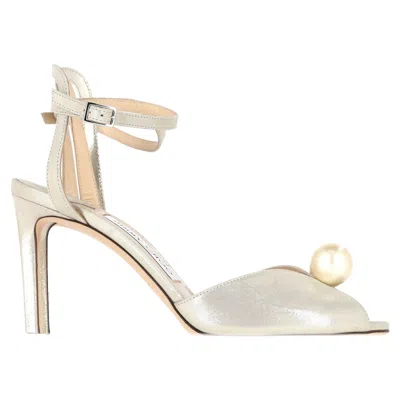 Jimmy Choo Sacora 85mm Pearl-embellished Sandals In Champagne Leather Suede In White