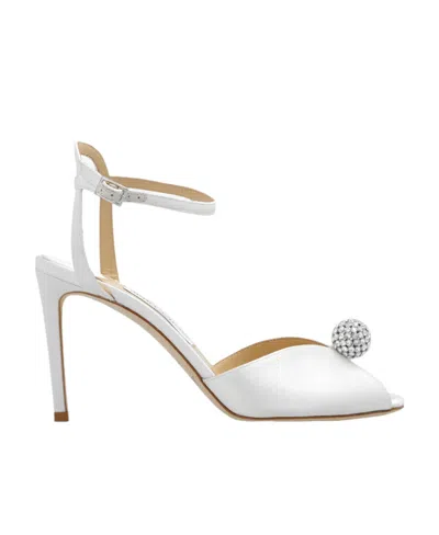 JIMMY CHOO JIMMY CHOO SACORA 85 EMBELLISHED SATIN SANDALS