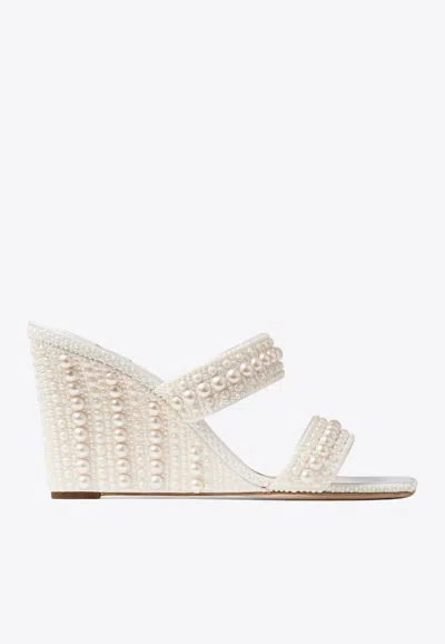 Jimmy Choo Sacoria Pearl-embellished Satin Wedge Sandals In White
