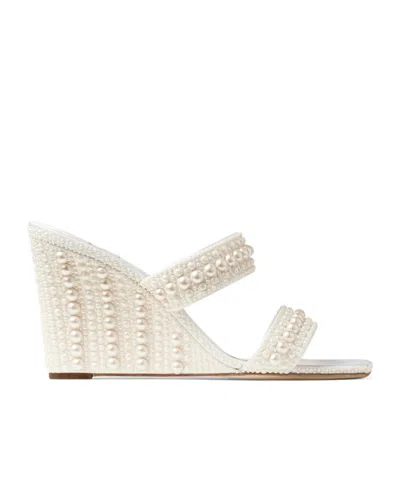 Jimmy Choo Sacoria Pearl-embellished Satin Wedge Sandals In White