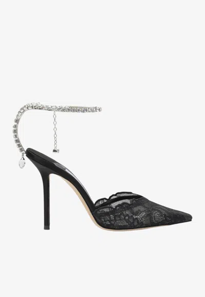 Jimmy Choo Saeda 100 Crystal Embellished Lace Pumps In Black