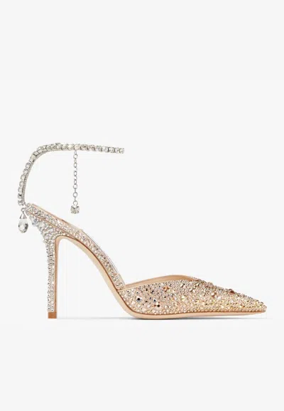 Jimmy Choo Womens Gold/crystal Saeda 100 Crystal-embellished Satin Heeled Courts Eur 36 / 3 Uk In Multi