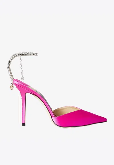 JIMMY CHOO SAEDA 100 CRYSTAL-EMBELLISHED SATIN PUMPS,SAEDA 100 BGH FUCHSIA/CRYSTAL HONEY