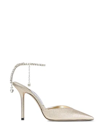 Jimmy Choo Saeda 100 Pumps In Brilliance Platinum Fabric With Crystal Chain In Multi