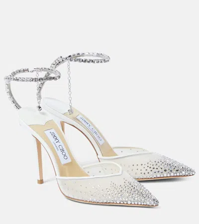 Jimmy Choo Saeda 100 Embellished Satin Pumps In White