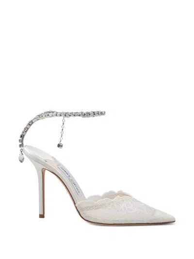 Jimmy Choo Saeda 100 Ivory Lace Pumps With Crystal Chain Anklet In White
