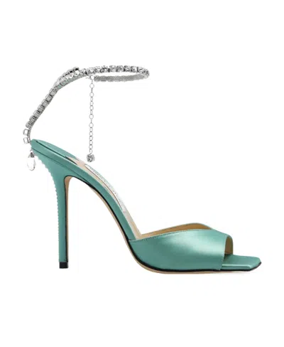 Jimmy Choo Saeda 100 Crystal-embellished Satin Sandals In Smoke Green Crystal