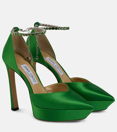 Jimmy Choo Saeda 125 Embellished Satin Platform Pumps In Apple Green