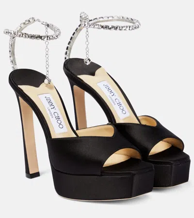 JIMMY CHOO SAEDA 125 EMBELLISHED SATIN PLATFORM SANDALS