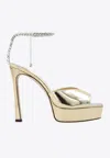 Jimmy Choo Saeda Crystal-chain Metallic Leather Platform Sandals In Gold
