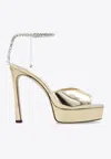 Jimmy Choo Saeda Crystal-chain Metallic Leather Platform Sandals In Gold