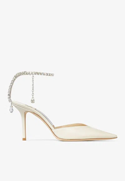 JIMMY CHOO SAEDA 85 CRYSTAL-EMBELLISHED PUMPS IN PATENT LEATHER,SAEDA 85 BOB LINEN/CRYSTAL