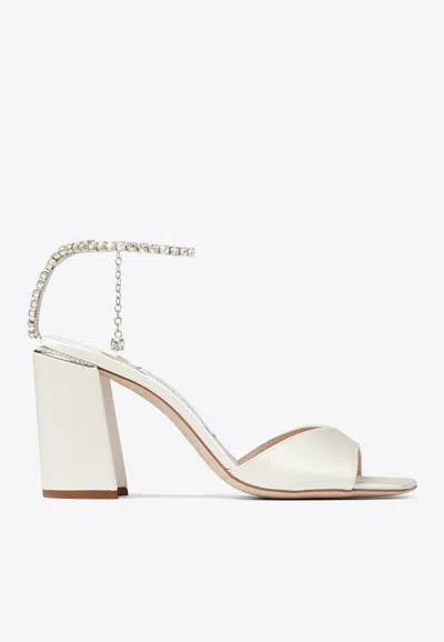 JIMMY CHOO SAEDA 85 CRYSTAL EMBELLISHED SATIN SANDALS