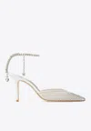 Jimmy Choo Saeda 100 Crystal-embellished Leather-trimmed Mesh Pumps In White