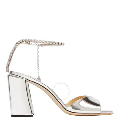 Jimmy Choo Saeda 85 Crystal Metallic Leather Sandals In Silver Tone