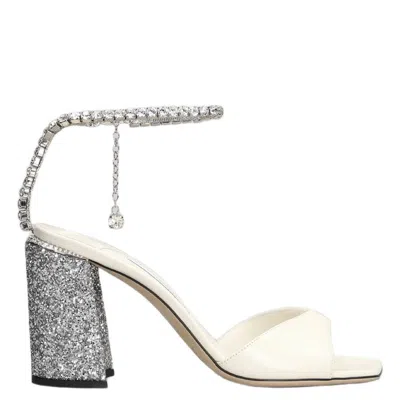 Jimmy Choo Saeda 85 Sandals In Beige Leather In Silver