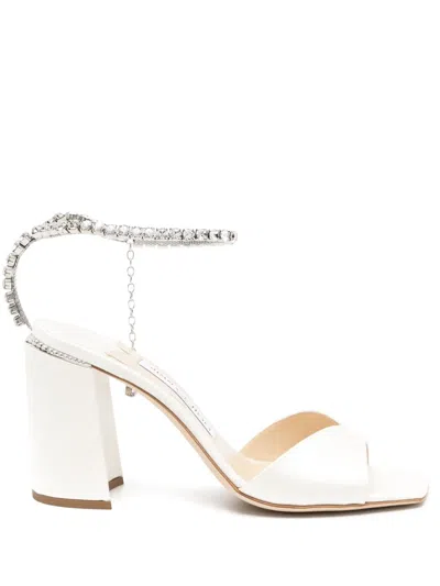 Jimmy Choo Saeda 85 Crystal Embellished Satin Sandals In Ivory