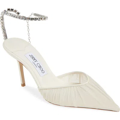 Jimmy Choo Saeda Crystal Ankle Strap Pointed Toe Pump In Ivory/crystal