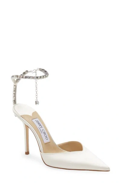 Jimmy Choo Saeda Crystal Ankle Strap Pointed Toe Pump In White