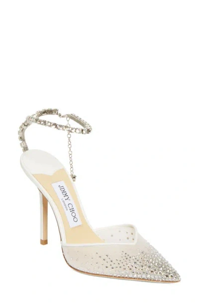 Jimmy Choo Saeda Crystal Ankle Strap Pointed Toe Pump In White/crystal