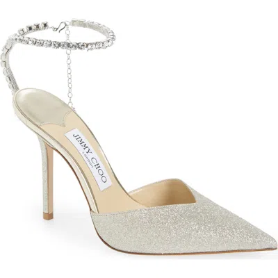 JIMMY CHOO JIMMY CHOO SAEDA GLITTER CRYSTAL ANKLE STRAP POINTED TOE PUMP