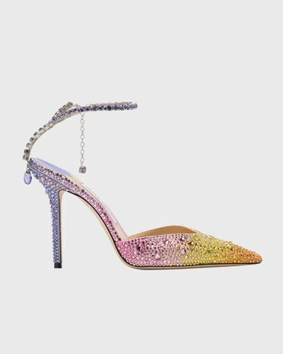 Jimmy Choo Saeda Ombre Crystal Ankle-strap Pumps In Miami Sunrise