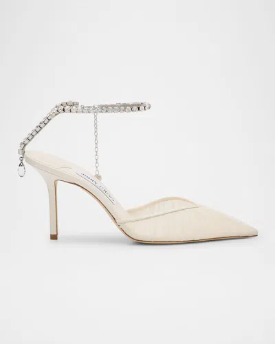 Jimmy Choo Saeda Ruched Crystal Ankle-strap Pumps In Ivory Crystal