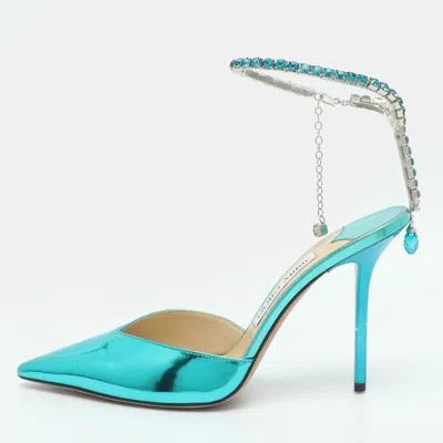 Pre-owned Jimmy Choo Saeda Size 38.5 Blue Patent Leather Crystal Pointed Toe Pumps