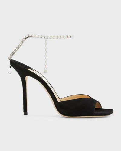 Jimmy Choo Saeda Suede Crystal Ankle-strap Sandals In Black