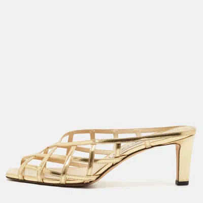 Pre-owned Jimmy Choo Sai Size 38.5 Metallic Gold Leather Caged Mules
