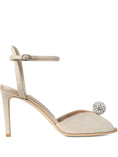 Jimmy Choo Sakora 85 Light Gold Glitter Fabric Sandals With Crystal Sphere Shoes In Neutral