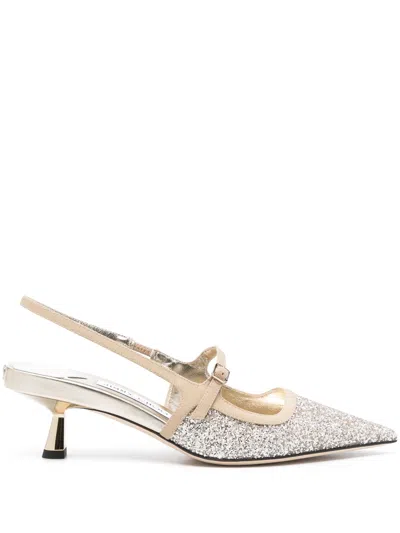Jimmy Choo Sand Beige Glitter Mid Heel Sandals