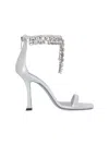 Jimmy Choo 'crystal' Metallic Sandals With Rhinestoned Ankle Strap And High Curved Heel In Silver
