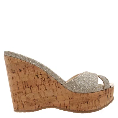 Jimmy Choo Sandy Glitter Fabric Wedge Mules In Silver