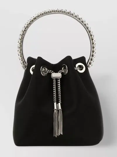 Jimmy Choo Satin Bucket Bag With Jewel Handle And Embellished Strap In Black