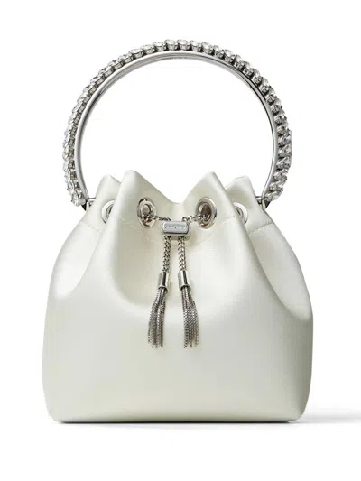 Jimmy Choo Satin Crystal Embellished Top Handle Bon Bon Bag In Ivory In White