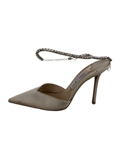 Pre-owned Jimmy Choo Satin Crystal Embellishments Mules In Neutral