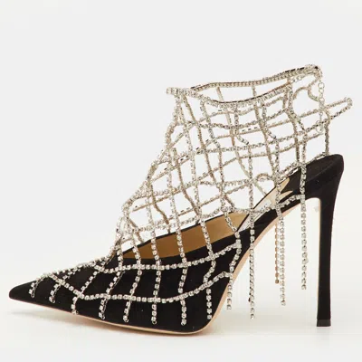 Pre-owned Jimmy Choo Scotty Size 40.5 Black Suede Pointed Toe Crystal Chains Pumps