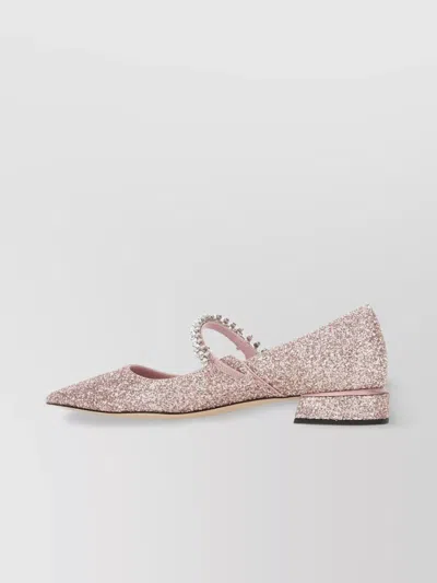 JIMMY CHOO SEQUIN-COVERED LEATHER BALLERINA PUMPS WITH SWAROVSKI STRAP